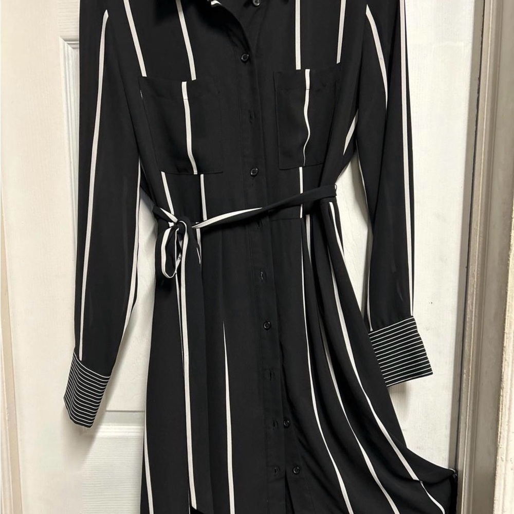 Who What Wear Black and White Vertical Stripe Long Sleeve Shirt Dress